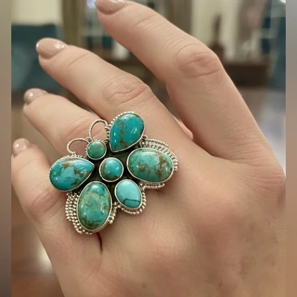 Genuine Turquoise and Sterling Silver Butterfly Ring - Picture 4 of 7